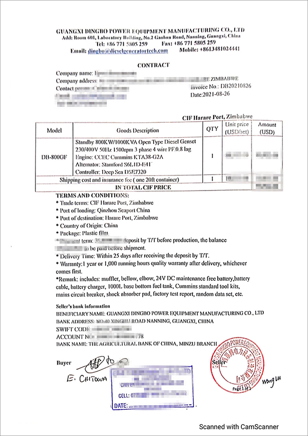 一臺800kw重慶康明斯柴油發(fā)電機(jī)組成功出口津巴布韋